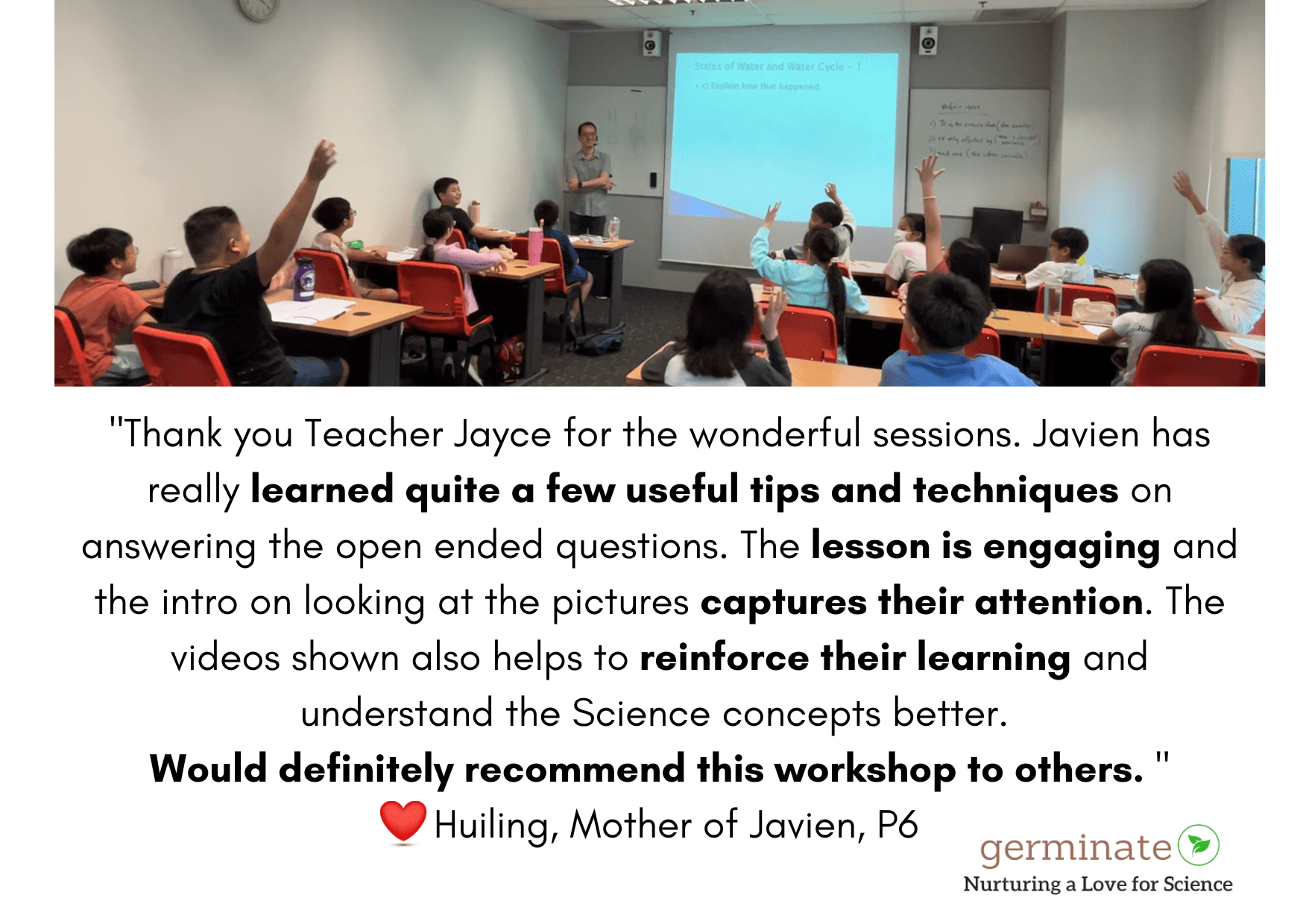 This is a testimonial of P6 Science Intensive Masterclass 10